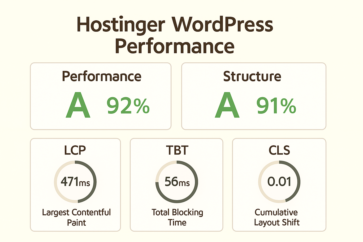 digital screenshot shows GTmetrix test results highlighting Hostinger WordPress performance, with a 92% performance score, 91% structure score, LCP of 471ms, TBT of 56ms, and CLS of 0.01 in a modern blue and white interface.