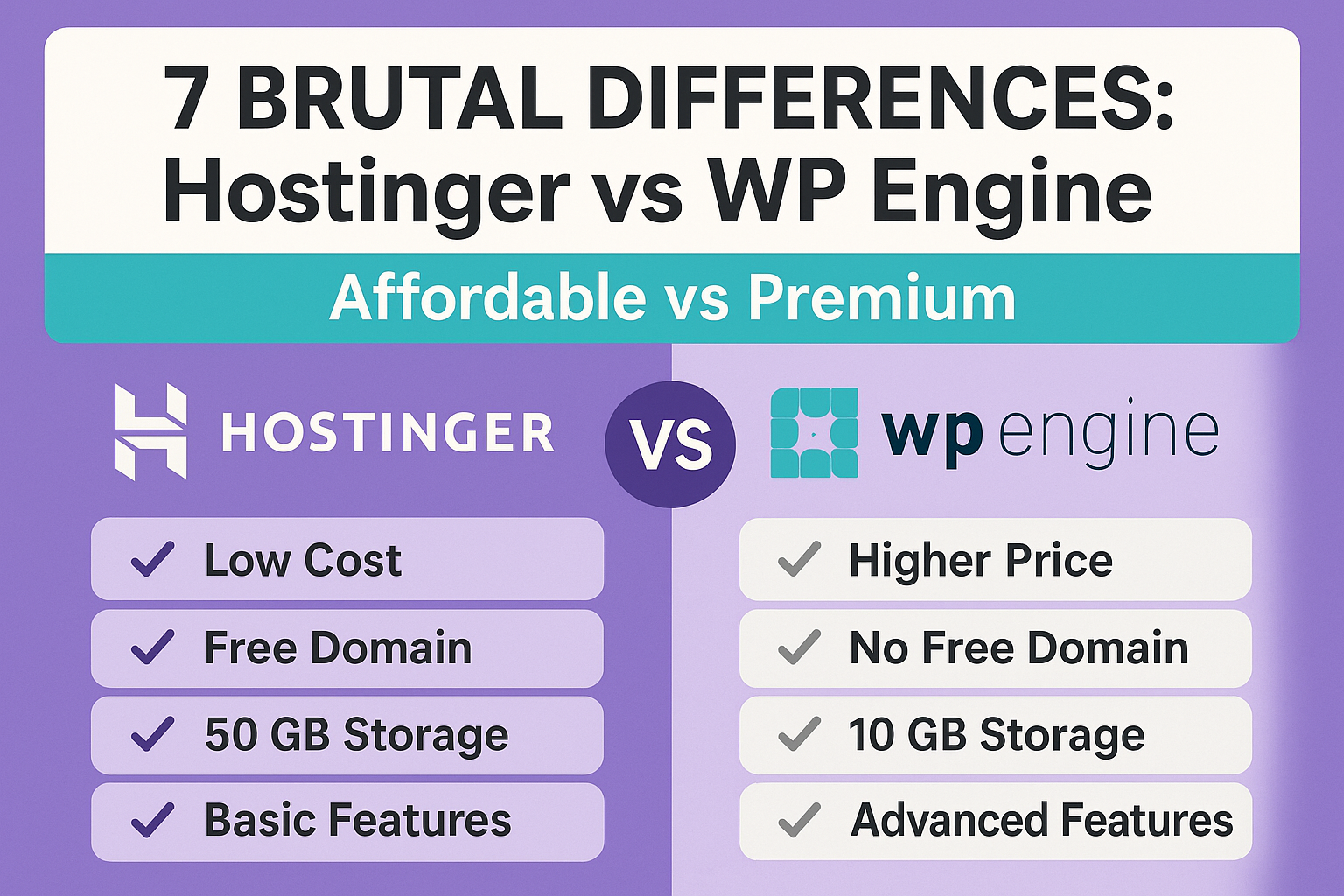 nfographic comparing Hostinger vs WP Engine WordPress hosting with 7 brutal differences highlighting affordable vs premium features, including cost, storage, domain, and feature set.