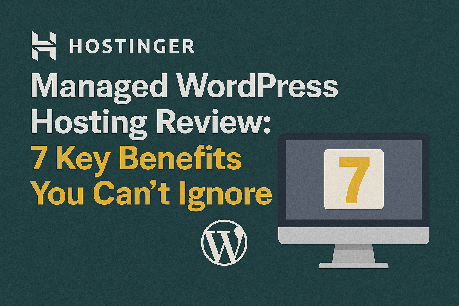 Hostinger Managed WordPress Hosting Review promotional banner with bold white and yellow text on a purple background, featuring a WordPress logo and a desktop monitor icon displaying the number 7."