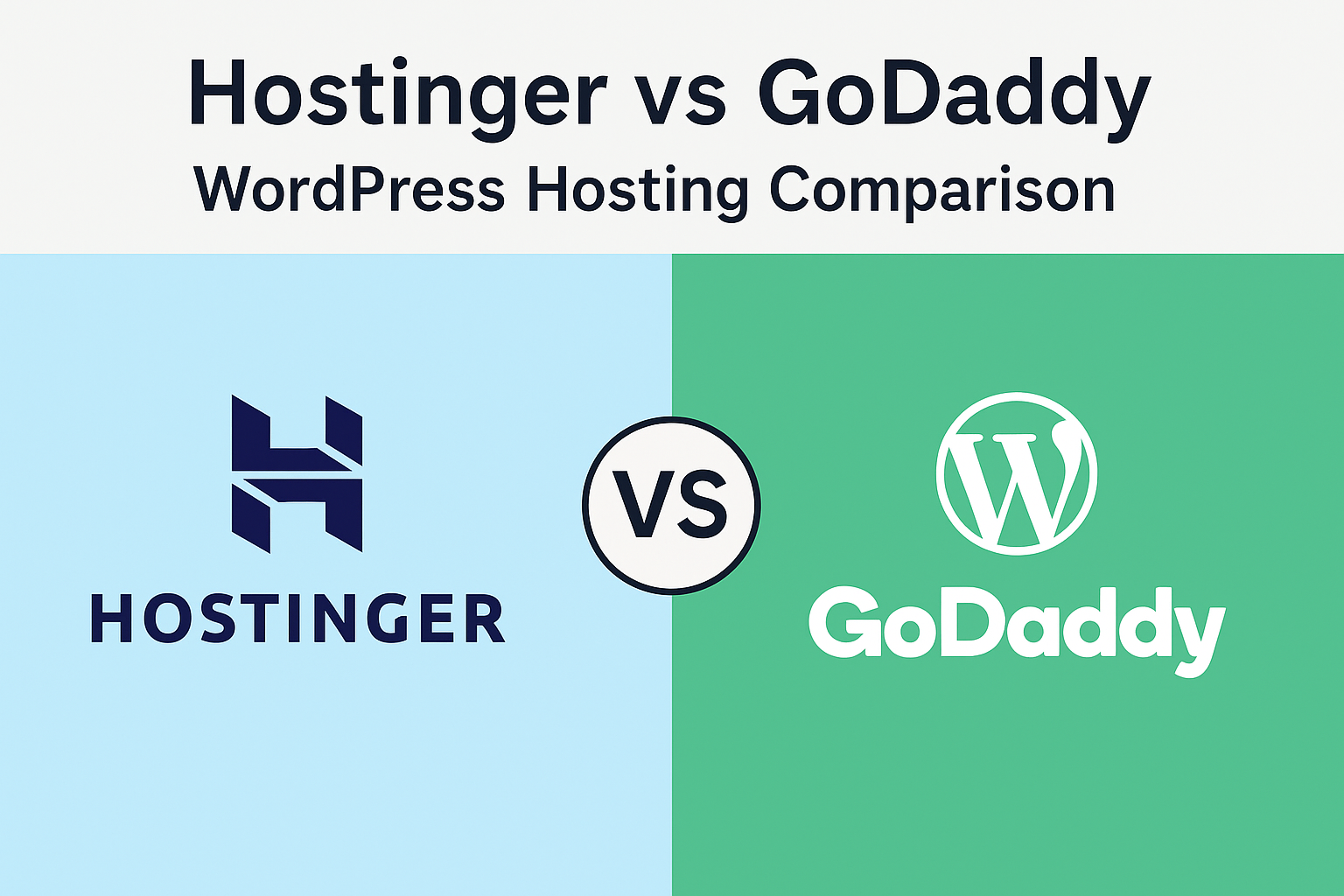 “A creative side-by-side visual titled ‘Hostinger vs GoDaddy: Which WordPress Host Wins in 2025?’ using a dark theme with contrasting brand colors, server icons, and performance bars.”