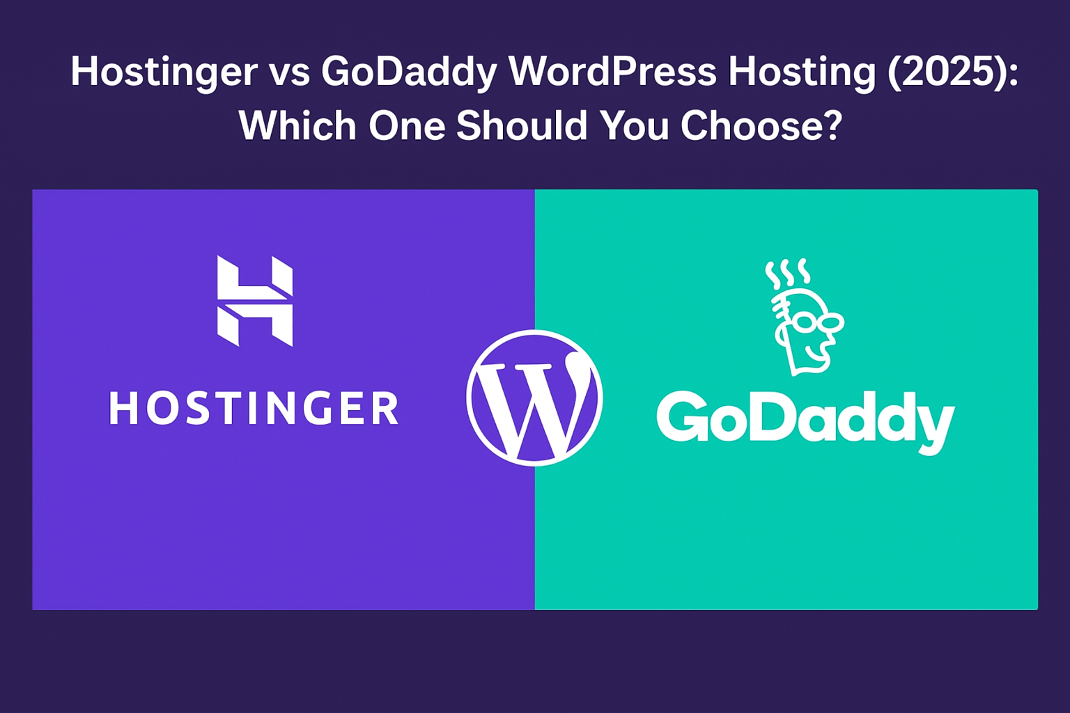 A digital comparison infographic titled ‘Hostinger vs GoDaddy WordPress Hosting’ showing pricing, speed, uptime, and support with icons and a clean modern layout in purple and blue tones.”