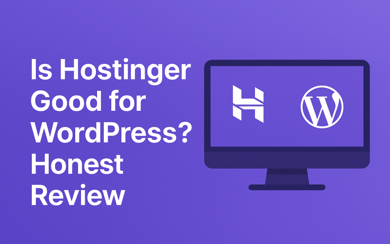 ChatGPT Image May 23, 2025, 03_17_25 AM Graphic featuring the text 'Is Hostinger Good for WordPress? Honest Review' alongside icons of Hostinger and WordPress on a computer monitor, set against a purple background—representing a web hosting evaluation