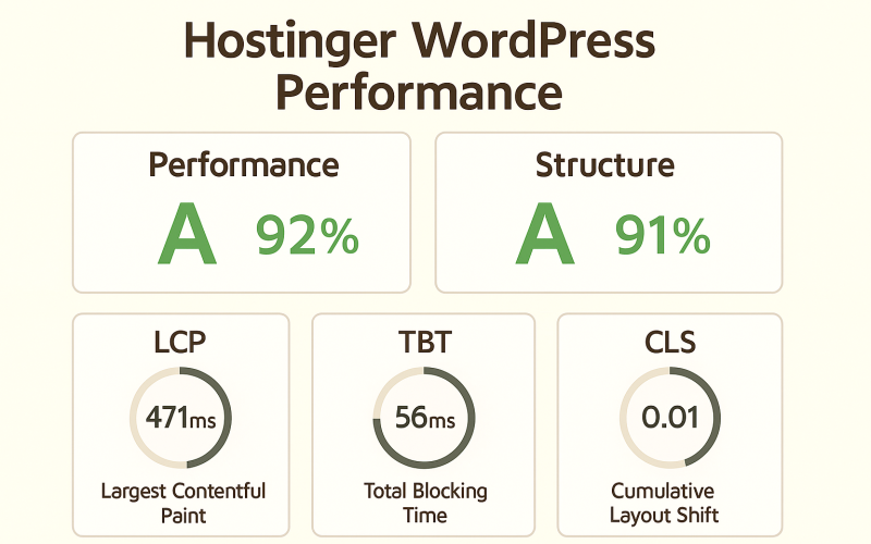 ChatGPT Image May 25, 2025, 04_21_20 AM digital screenshot shows GTmetrix test results highlighting Hostinger WordPress performance, with a 92% performance score, 91% structure score, LCP of 471ms, TBT of 56ms, and CLS of 0.01 in a modern blue and white interface.
