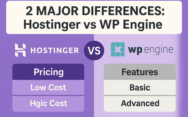 ChatGPT Image May 27, 2025, 09_06_55 AM Side-by-side infographic showing 2 major differences in Hostinger vs WP Engine WordPress hosting, focusing on pricing and feature level between the two providers.