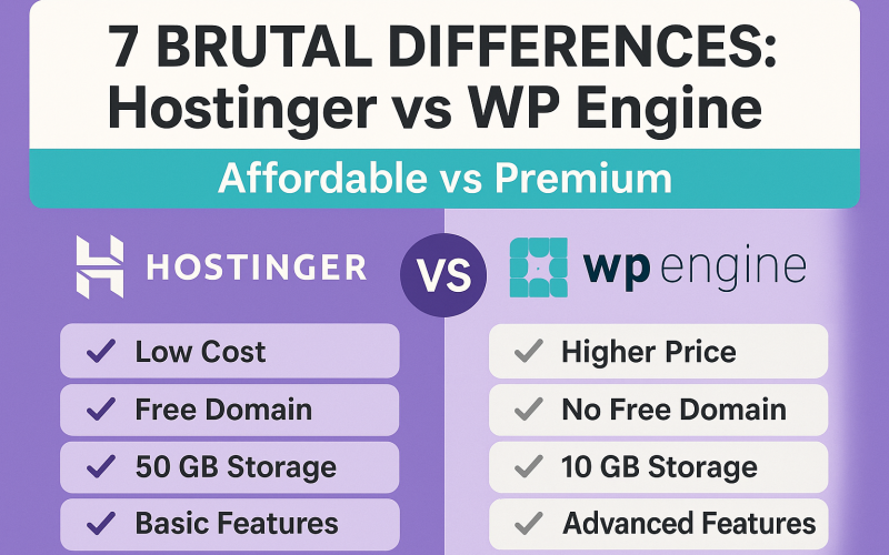 ChatGPT Image May 27, 2025, 09_07_04 AM nfographic comparing Hostinger vs WP Engine WordPress hosting with 7 brutal differences highlighting affordable vs premium features, including cost, storage, domain, and feature set.