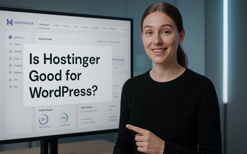 women A friendly young woman presenting a screen that asks 'Is Hostinger Good for WordPress?' in a modern office setting, representing a web hosting review scenario
